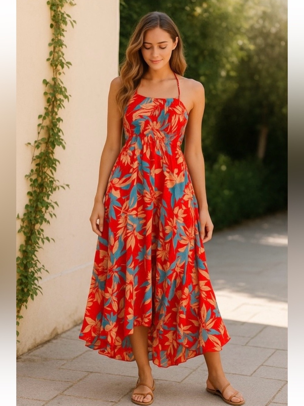 Free People Red Heat Wave Floral Printed Maxi Dress Size Medium Summer Coastal